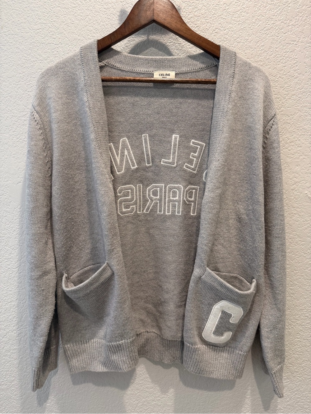 Celine Light Gray Embroidered Logo Open-Front Cardigan